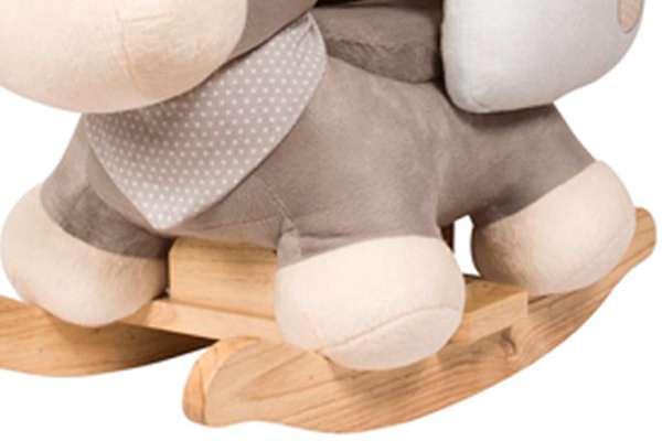 Die Kufen des Plüsch Esels sind aus Holz.