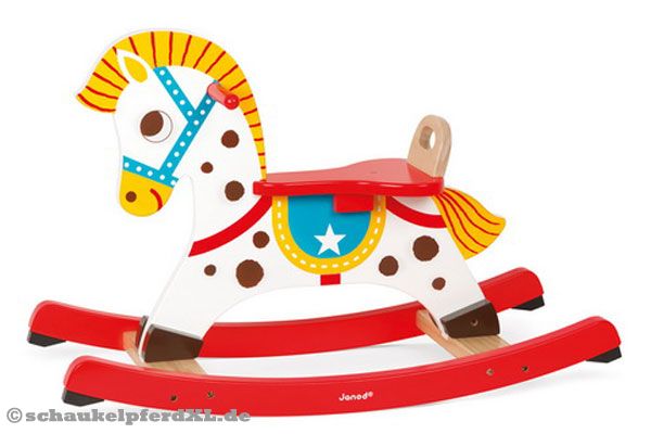 Holz Schaukelpferd in fröhlichen Farben, mit Stoppern unten.